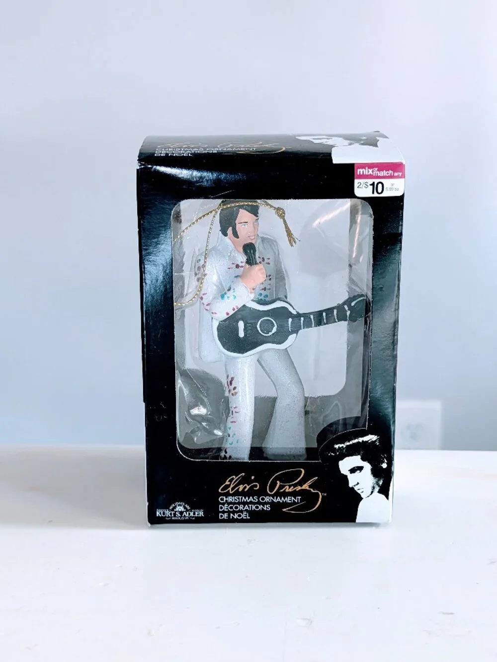 Kurt Adler Elvis Presley Jeweled Christmas Ornament White Jumpsuit Cape Guitar